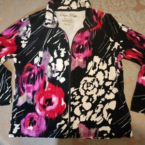 Velour Zip-Up Pink-White-Black Floral Jacket